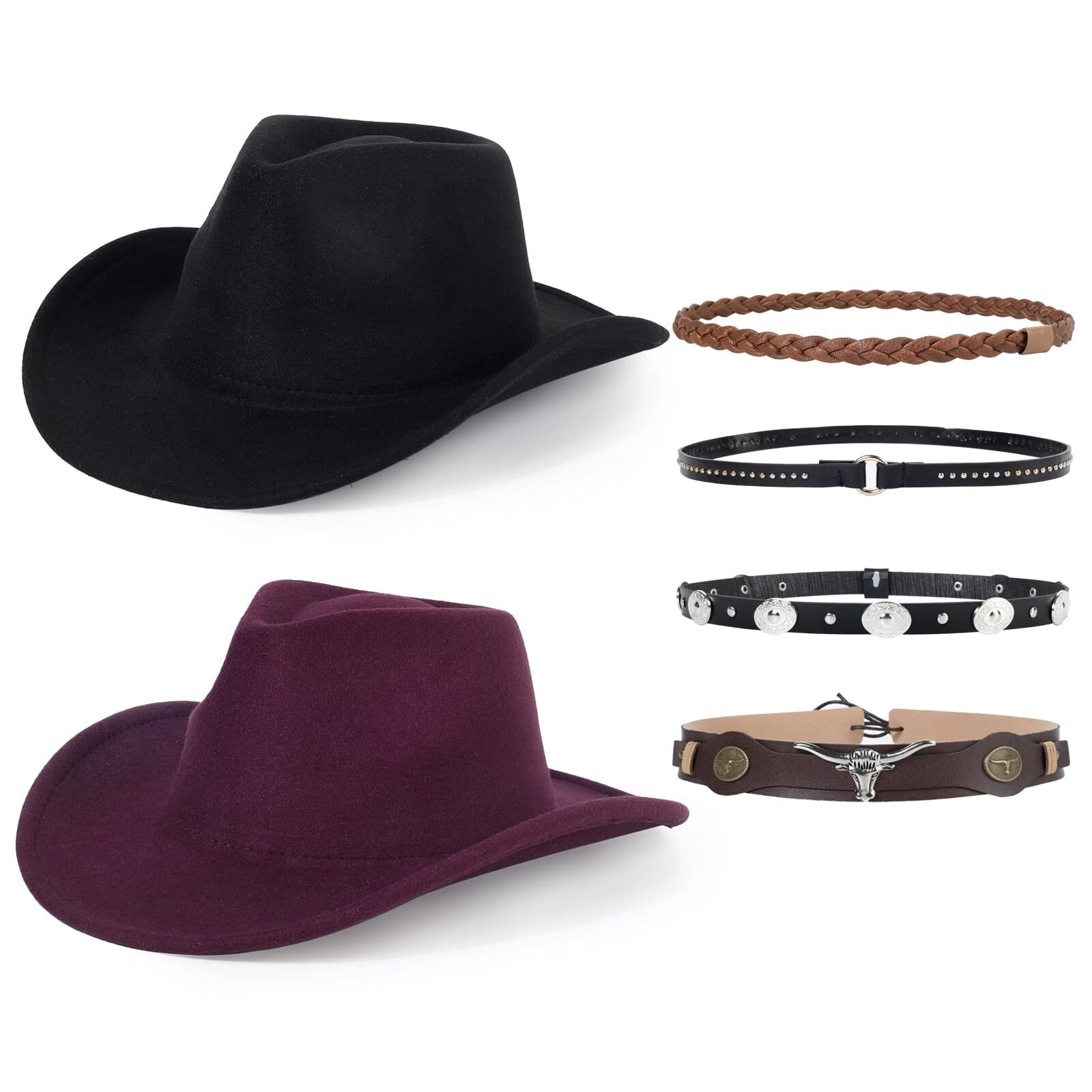 5713 2 Pack Western Cowboy Hats For Women And Men Classic Felt Wide Brim